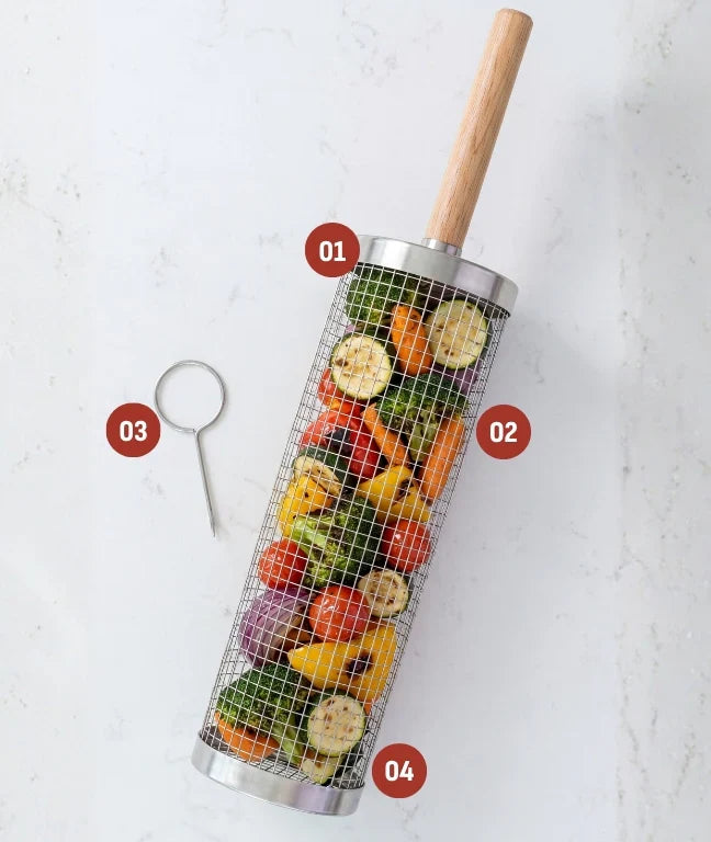 Rolling grill basket with numbered product details
