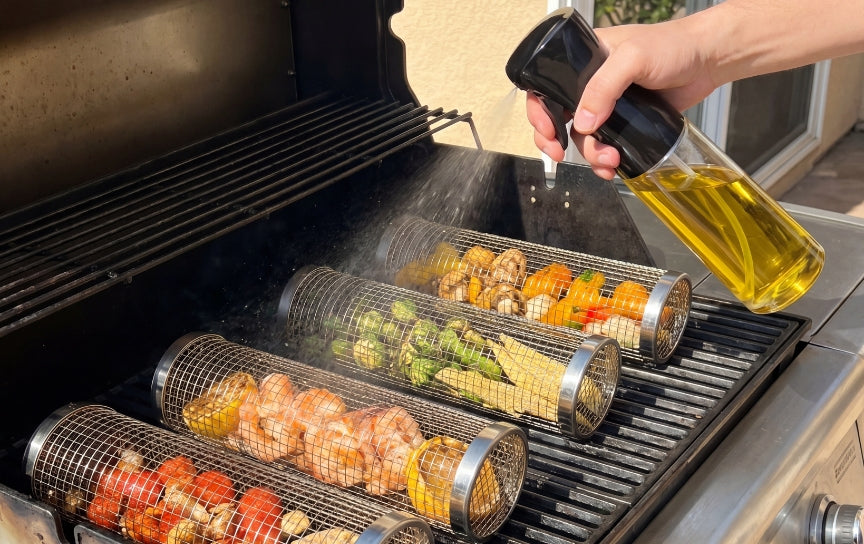 Grill basket cooking food on the grill
