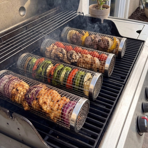 Grill basket cooking on BBQ