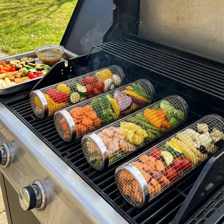 Grill basket cooking food on the grill