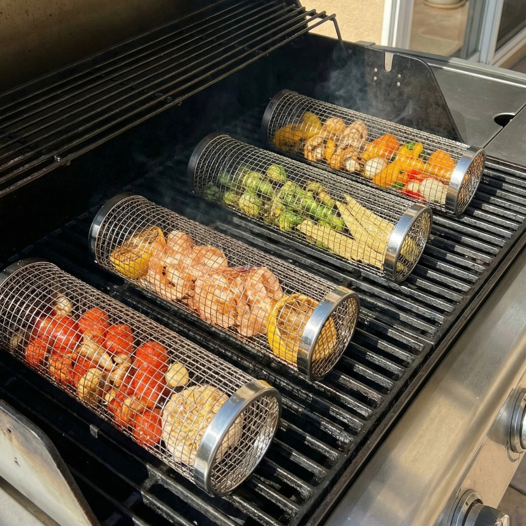 Stainless steel rolling grill basket with colorful vegetables on a BBQ
