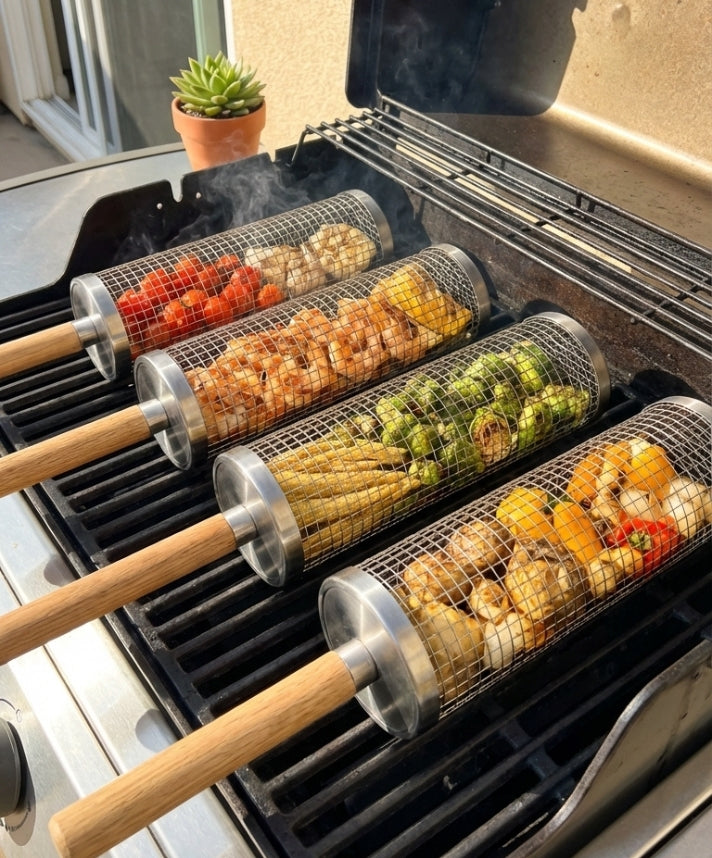 Grill baskets on grill