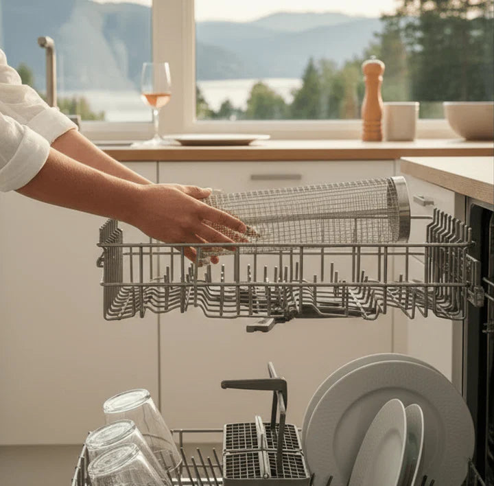 Placing the metal grill basket into a dishwasher