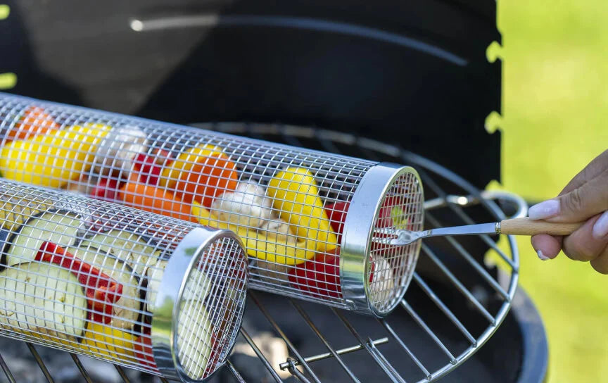 Placing the grill basket on the grill